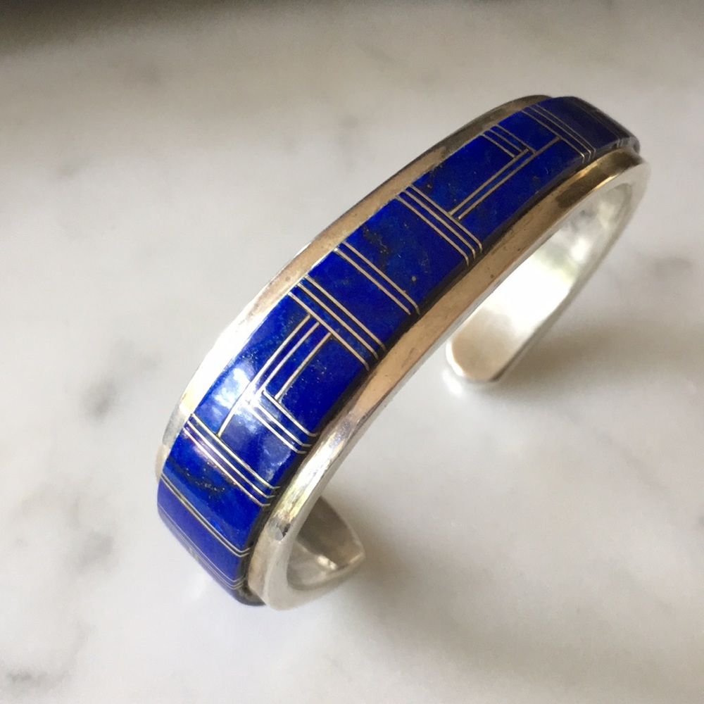 Vintage Navajo Native American Inlay Lapis Bracelet by Wilbur Yazzie - Picture 2 of 14